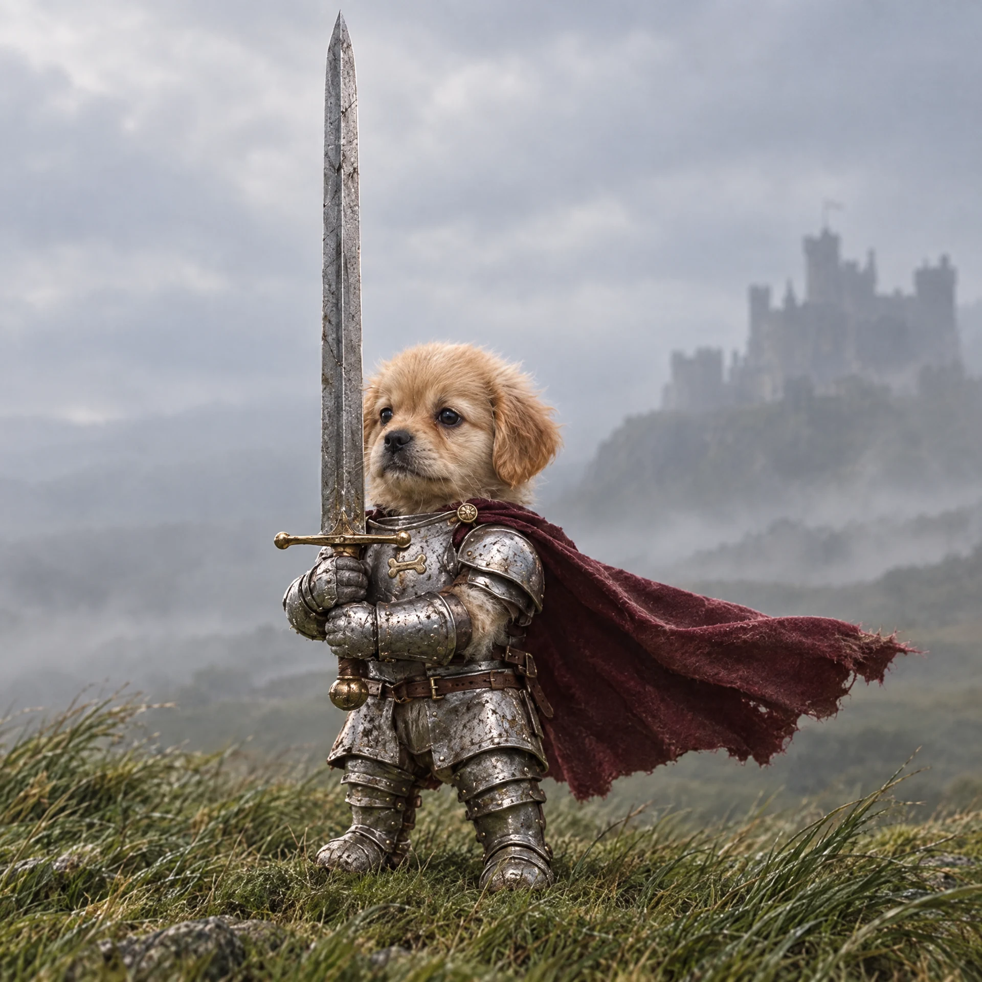 Sir Barksalot, a tiny golden puppy in silver armour with an enormous sword